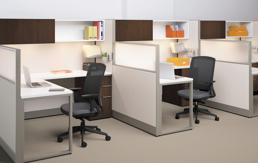 Modern office cubicles with ergonomic chairs