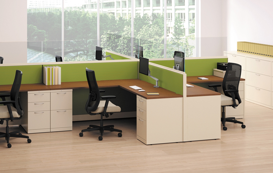Contemporary workstations with green accents