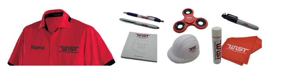 Promotional products including branded polo shirts, pens, notebooks, hard hats, and more